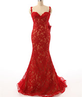 Red sexy lace bowknot backless evening gown - FashionByTeresa